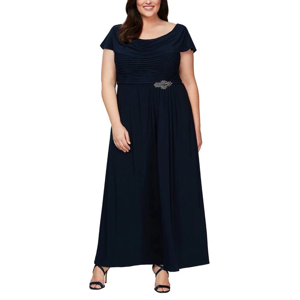 New Alex Evenings Cowl Neck Beaded Waist Gown in Navy Women's Size 16P